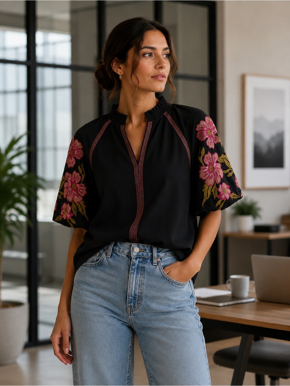 THML Black Blouse with Pink Floral Embroidered Sleeves - Picture 5 of 7